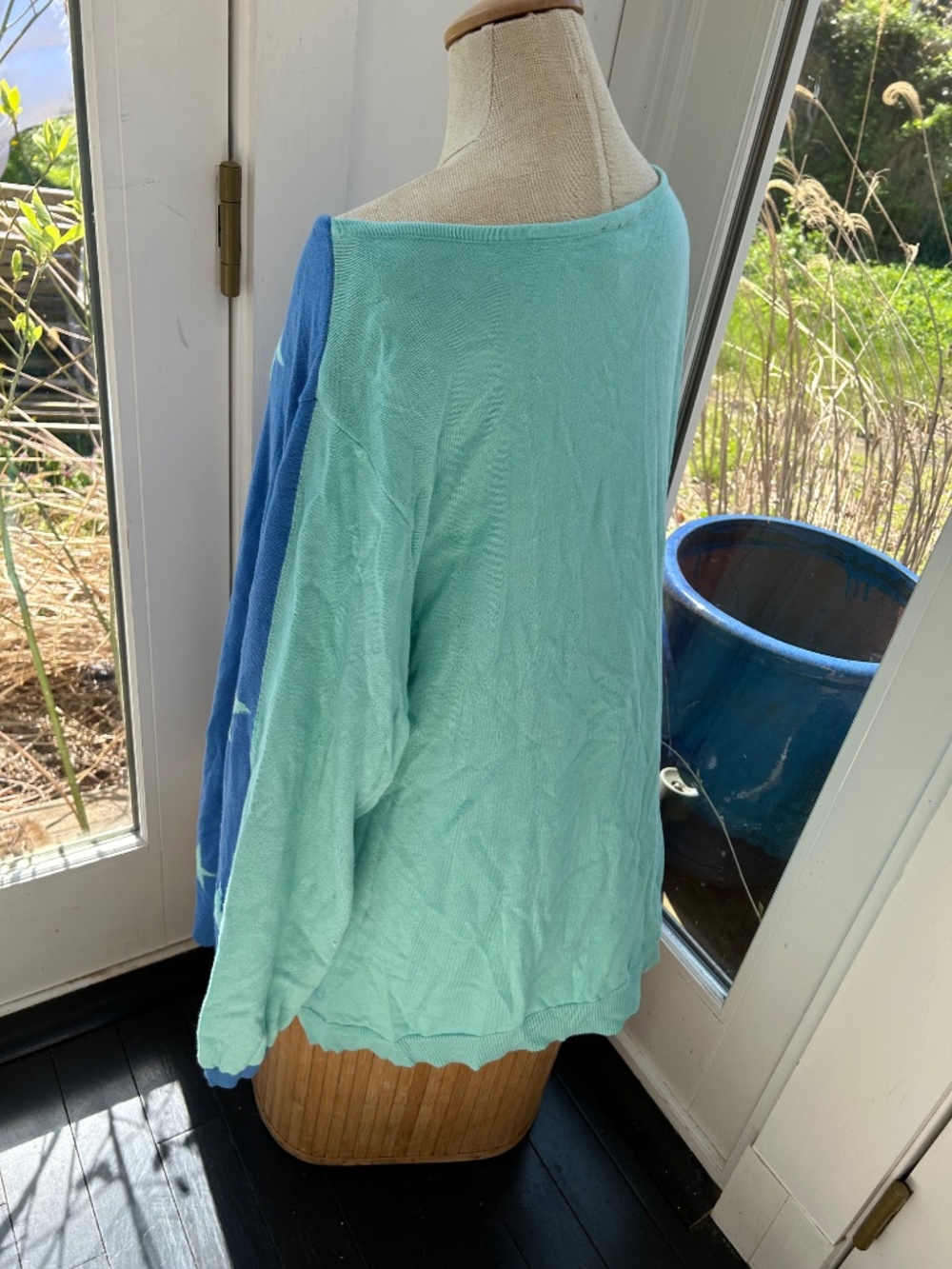 Kim Gravel Belle Beach turquoise blue STARS intarsia knit cotton sweater 3X PLUS - Picture 4 of 4